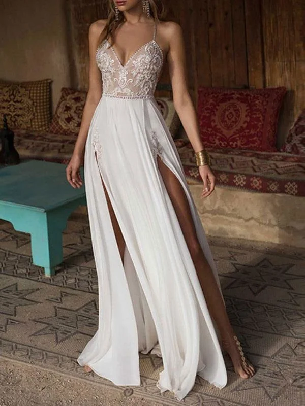 Boho Wedding Dresses 2021 Lace V Neck Sleeveless Beaded Backless Double Splits Chiffon Beach Bridal Gowns Refined Women's Velvet