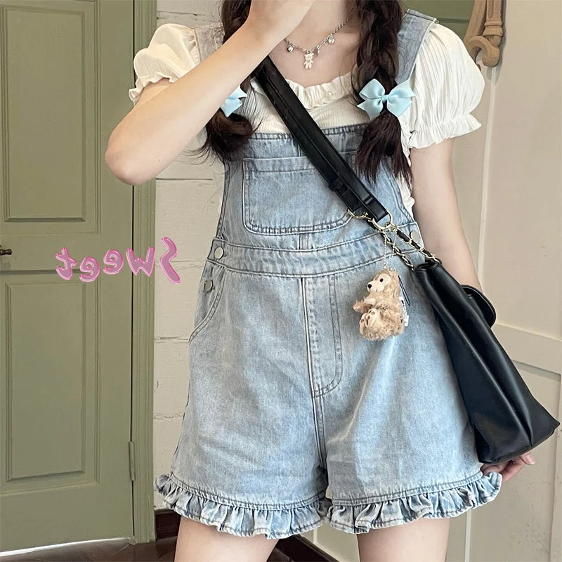 Denim suspenders wide-leg pants PL51651 Hip Women's Retro