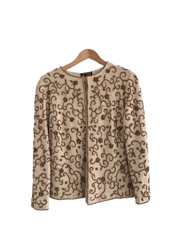 Jo Knitwear London Embellished 100% Wool Jacket Beige UK Size 10/12 Feminine Women's Soft 
