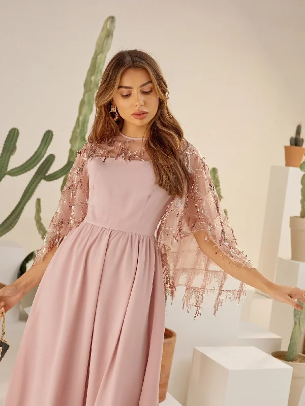 Plain Contrast Sequin Three Quarter Length Sleeve Round Neck Flared High Waist Long Dress Sustainable Organic