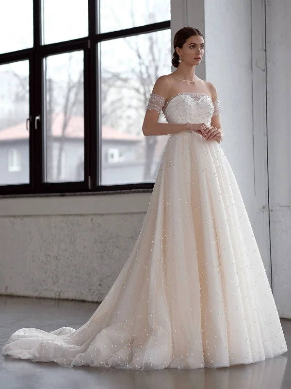White Wedding Dress A-Line Bridal Gowns Beaded Tulle Wedding Dress Artistic Women's Avant - 