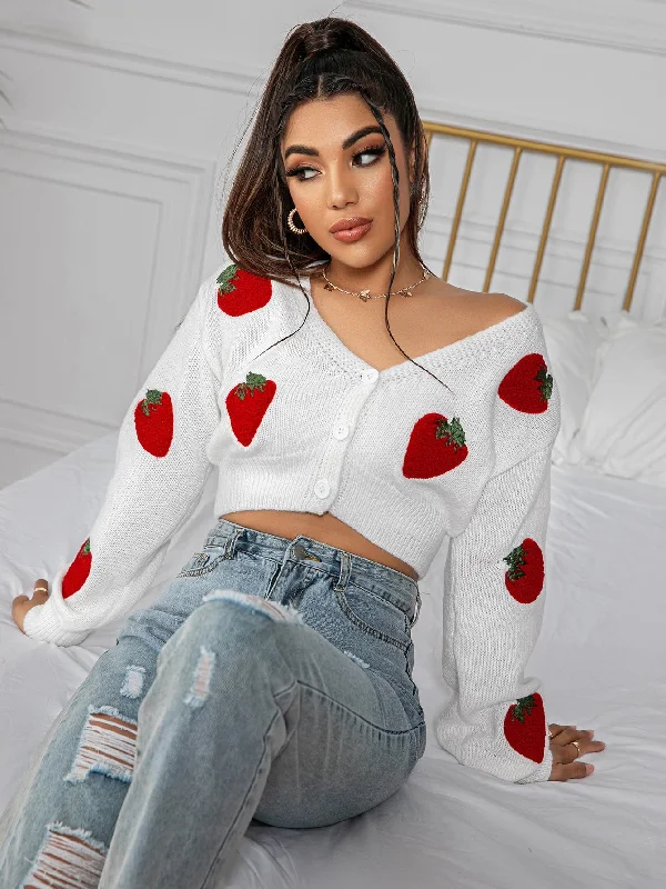 Casual Fruit&Vegetable Button Front Long Sleeve V Neck Crop Women Cardigan Sporty Women's Tennis