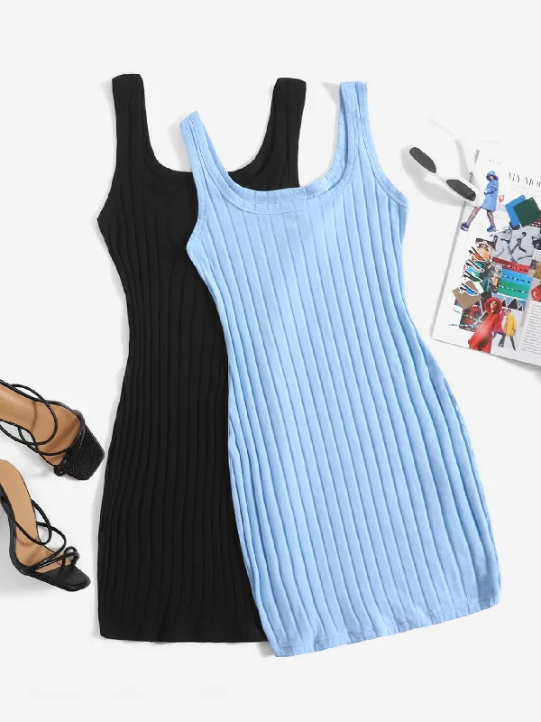 Plain Rib-Knit Sleeveless Scoop Neck Pencil Natural Short Dress Women