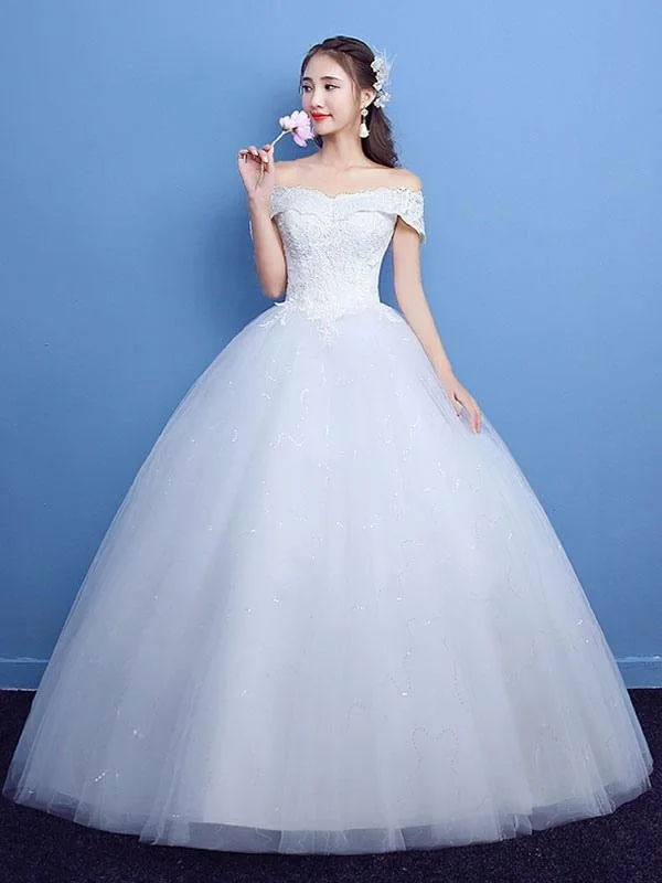 Ball Gown Wedding Dress Princess Silhouette Floor-Length Bateau Neck Short Sleeves Applique Tulle Bridal Gowns Sophisticated Women's Tailored