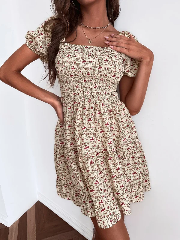 Ditsy Floral Shirred Short Sleeve Square Neck Flounce High Waist Short Dress British Gentlewoman Style