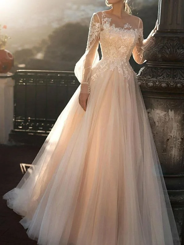 White Wedding Dresses A-Line Court Train Long Sleeves Single Thread Tulle Buttons Illusion Neckline Bridal Gowns Sleek Women's Metallic