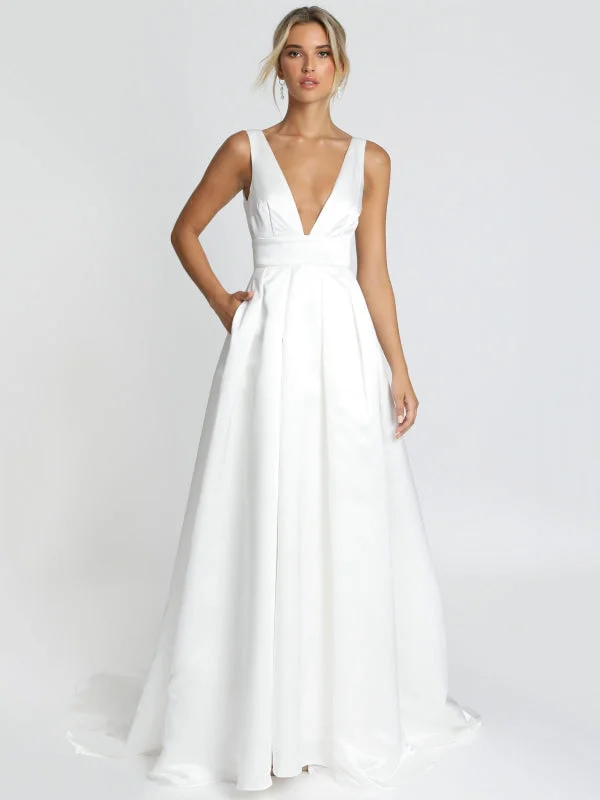 White Simple Wedding Dress Satin Fabric V-Neck Sleeveless Backless A-Line Bridal Dresses Dapper Women's 1920S