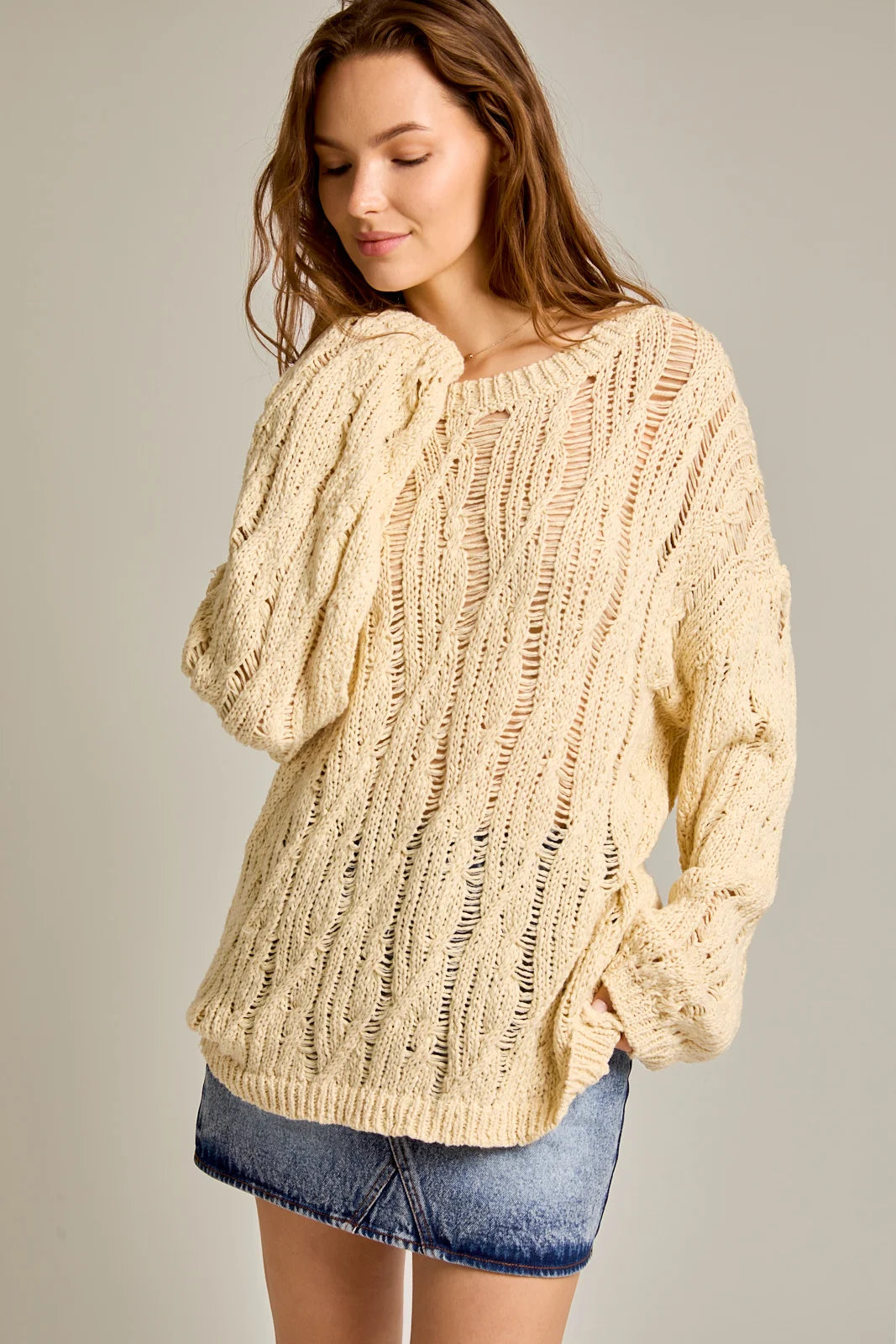 Long Sleeve Round Neckline Relax Crochet Sweater Tough Women's Military - inspired