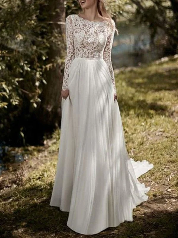 Boho Wedding Dresses 2021 Jewel Neck Long Sleeve A Line Floor Length Chffion Bridal Dress For Beach Wedding Australian Beach