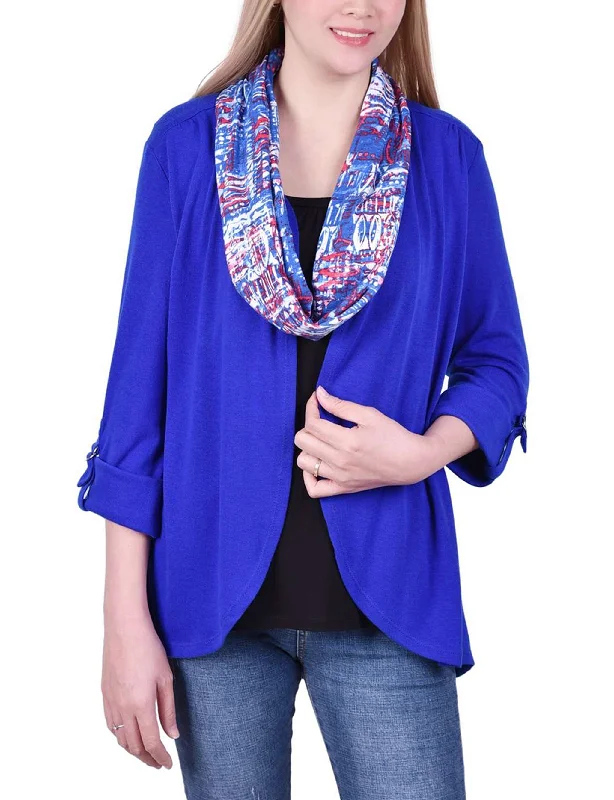 Petite 3/4 Roll Sleeve 3Fer Top With Detachable Scarf European