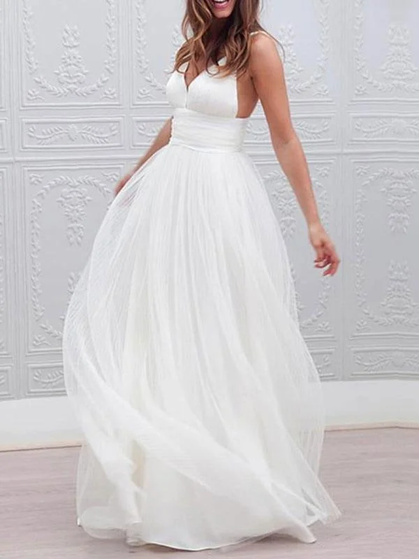 Simple Wedding Dresses 2021 A Line V Neck Straps Backless Tulle Beach Wedding Bridal Dress Modern Women's 