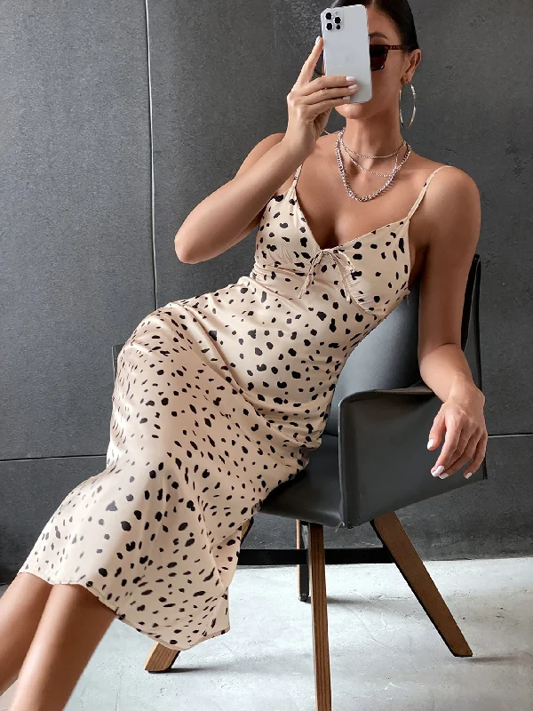 All Over Print Bow Sleeveless Spaghetti Strap Straight High Waist Midi Dress Practical Women's Multi - 