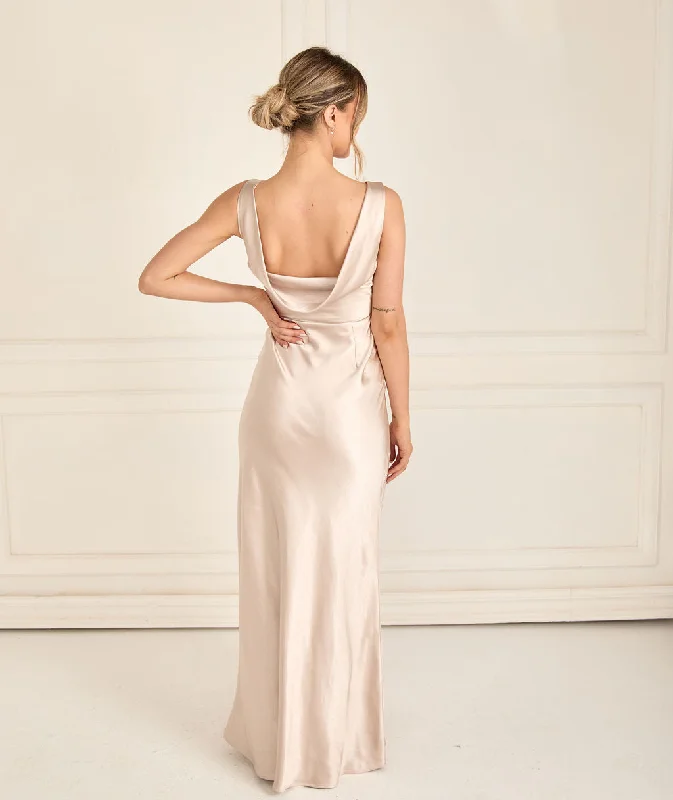 Cowl Back Satin Bridesmaid Dress - Oyster Modern Women's 