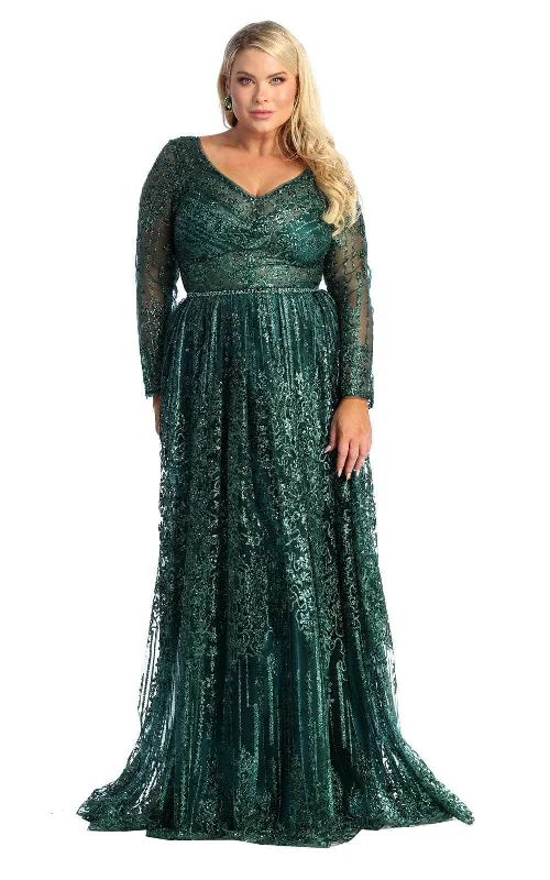 May Queen RQ7920B - Ornated Sheer Bodice Long Sleeve A Line Dress Elegant Women's 