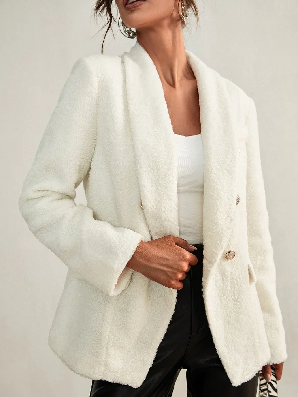 Elegant Plain Button Front Long Sleeve Shawl Collar Regular Women Blazer Cozy Women's Sherpa - lined