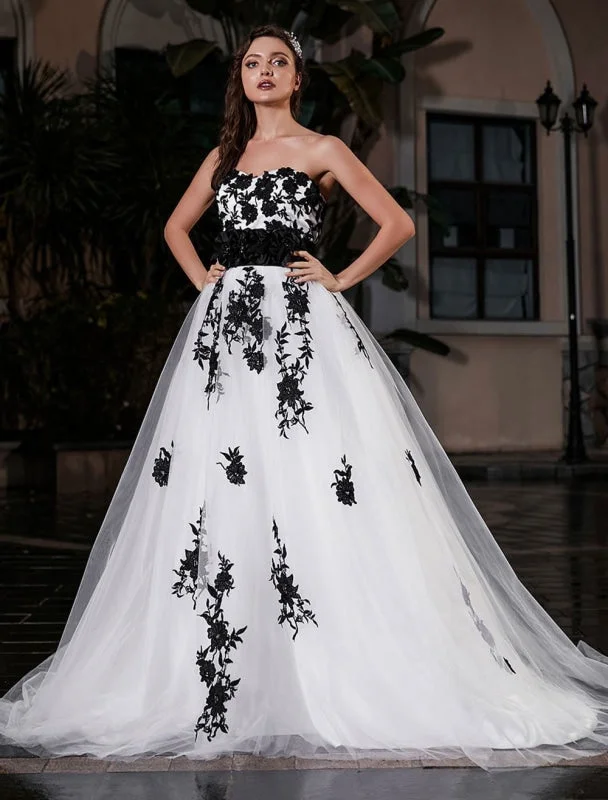 Black A-Line Wedding Dress Strapless Black Applique Sash Tulle Satin Fabric Wedding Gown Exclusive Cool Women's Skate