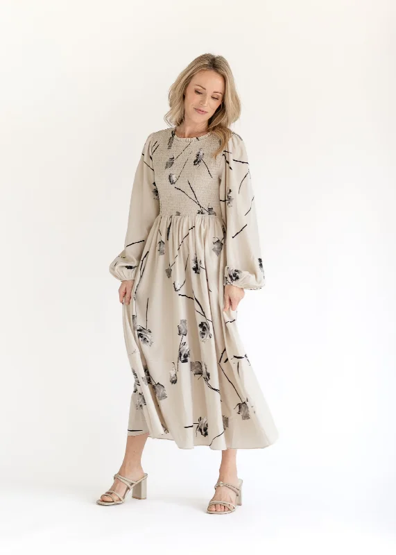 Ruffle Neck Smocked Floral Midi Dress Refined Women's 