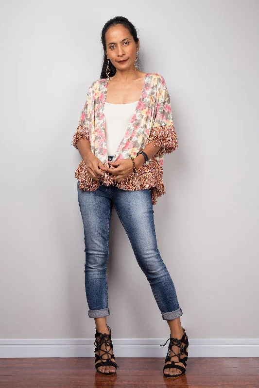Cropped short sleeve floral cardigan with fringe Relaxed Women's 