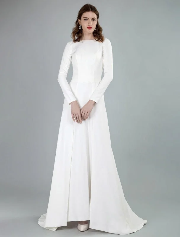 Simple Wedding Dress Lycra Spandex Bateau Neck Long Sleeves Split Front A Line Bridal Dresses Exclusive Modern Women's 