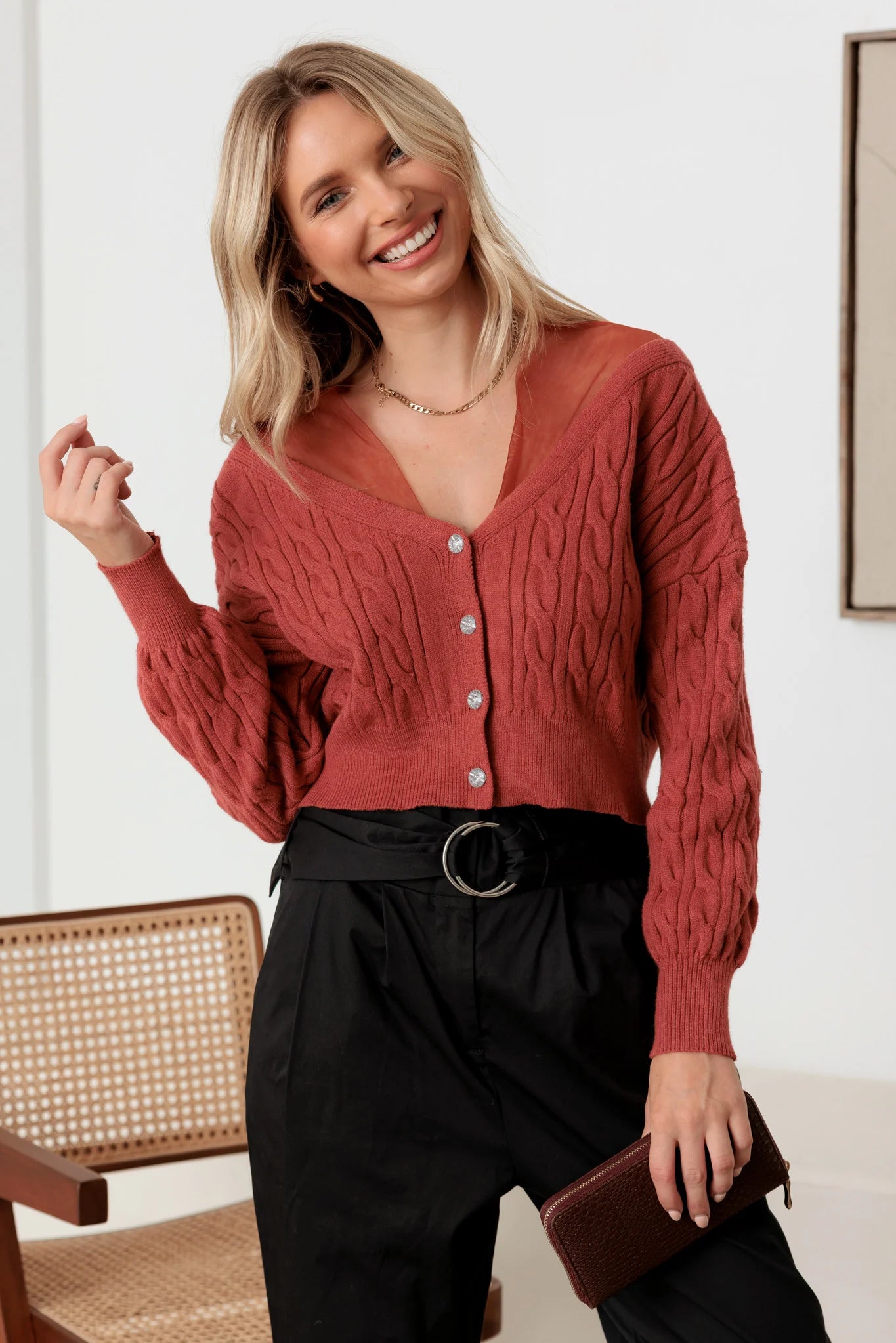 Cable Rhinestone Button-Up Long Sleeve Sweater Youthful Women's Pop
