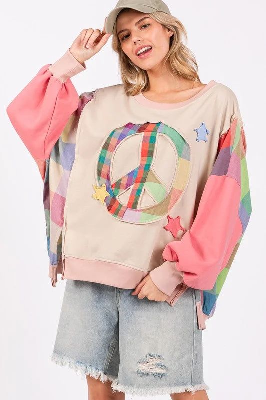 SAGE + FIG Full Size Contrast Peace Patch Dropped Shoulder Sweatshirt Unique Women's Upcycled