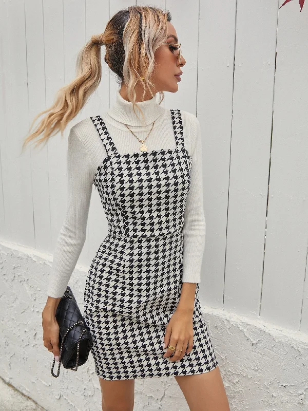 Houndstooth Zipper Sleeveless Straps Straight High Waist Short Dress Earthy Women's Hemp - based