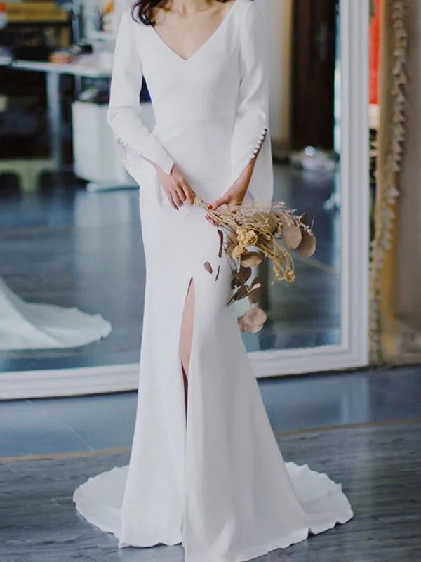 White Simple Wedding Dress Satin Fabric V-Neck Long Sleeves Buttons Mermaid Bridal Gowns Dynamic Women's Moto