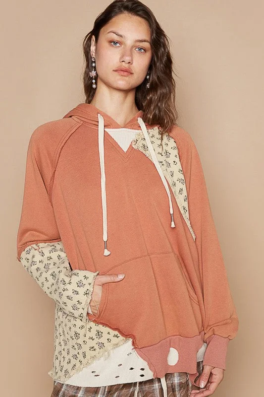 POL Floral Patchwork Distressed Drawstring Hoodie Streetwear Style for 