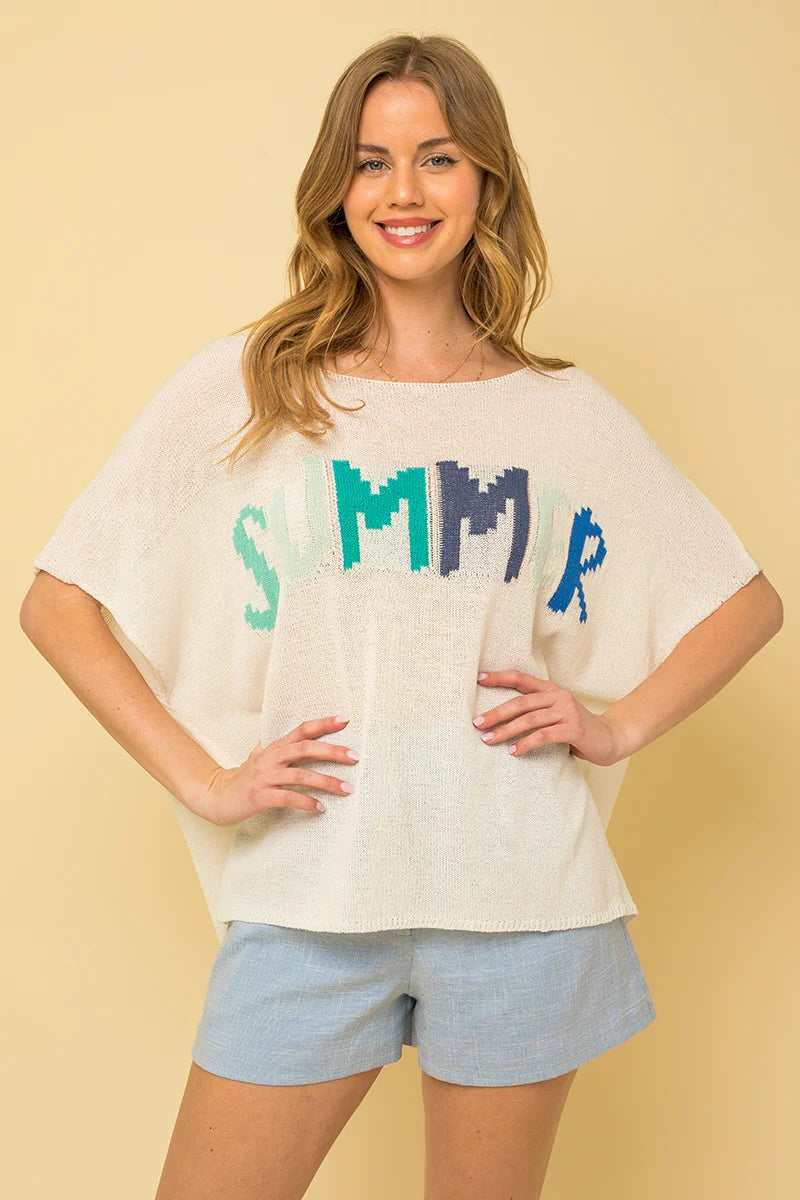 Boxy "Summer" Print Short Sleeve Sweater Top Bohemian Women's Free