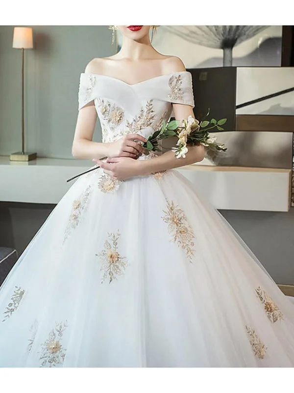 A-Line Wedding Dresses Off Shoulder Cathedral Train Lace Short Sleeve Sleek Women's 