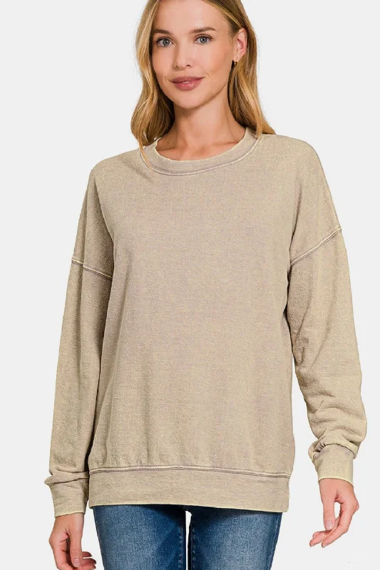 Zenana Washed Round Neck Dropped Shoulder Sweatshirt Dapper Women's Bow - adorned
