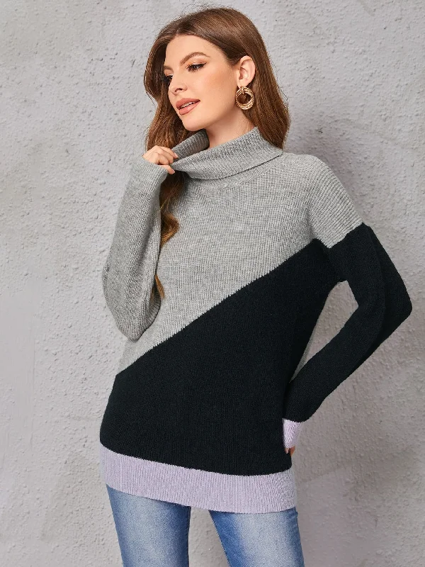 Casual Colorblock Long Sleeve High Neck Long Women Sweater Disco