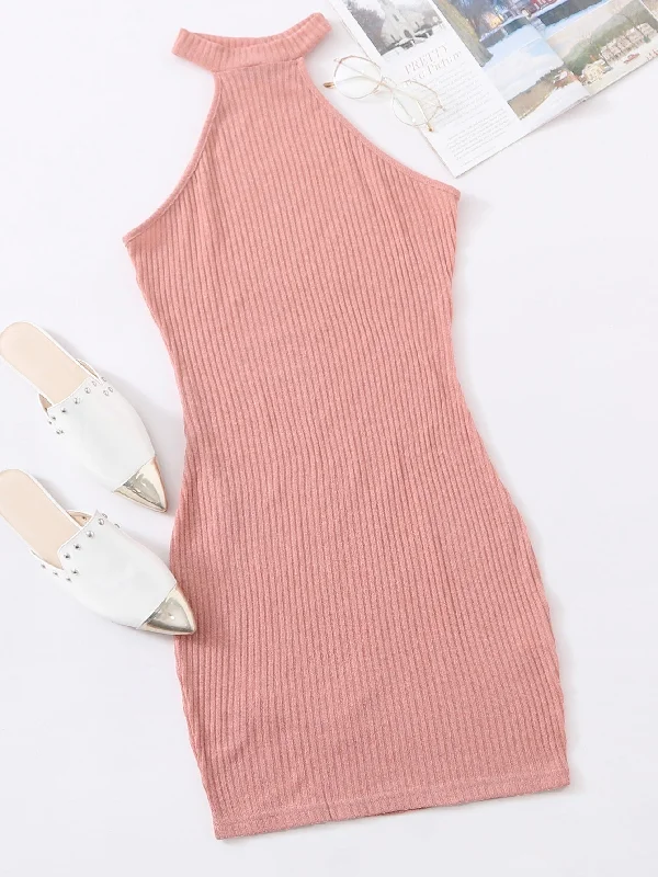 Plain Rib-Knit Sleeveless Halter Pencil Natural Short Womens Dress Earthy Women's 