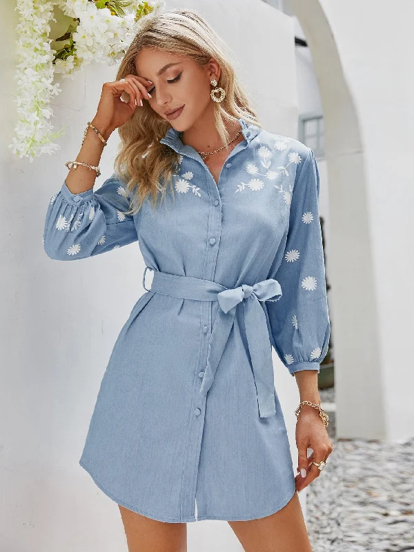 Floral Button Front Three Quarter Length Sleeve Stand Collar Straight Natural Short Dress Sophisticated Women's Tailored