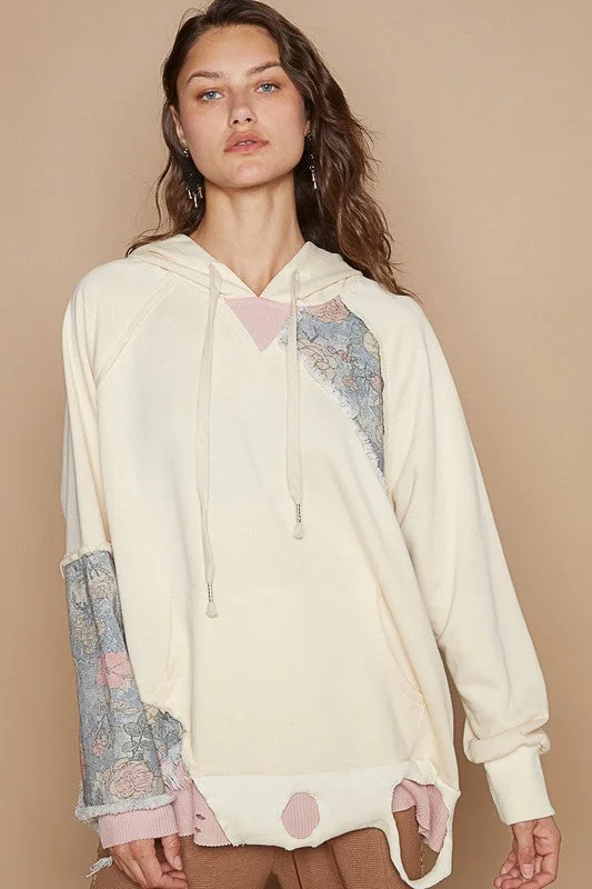 POL Floral Patchwork Distressed Drawstring Hoodie Compression
