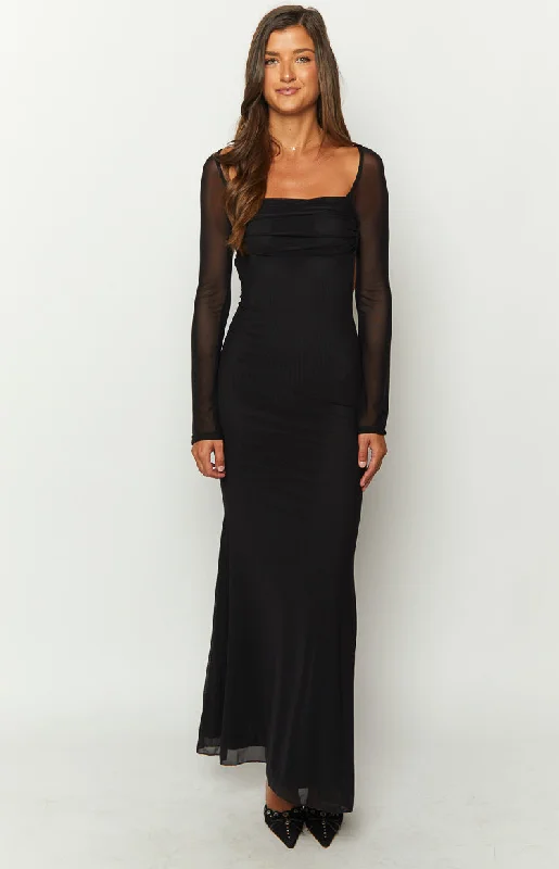 Beverley Black Mesh Long Sleeve Maxi Dress Sophisticated Women's Tailored