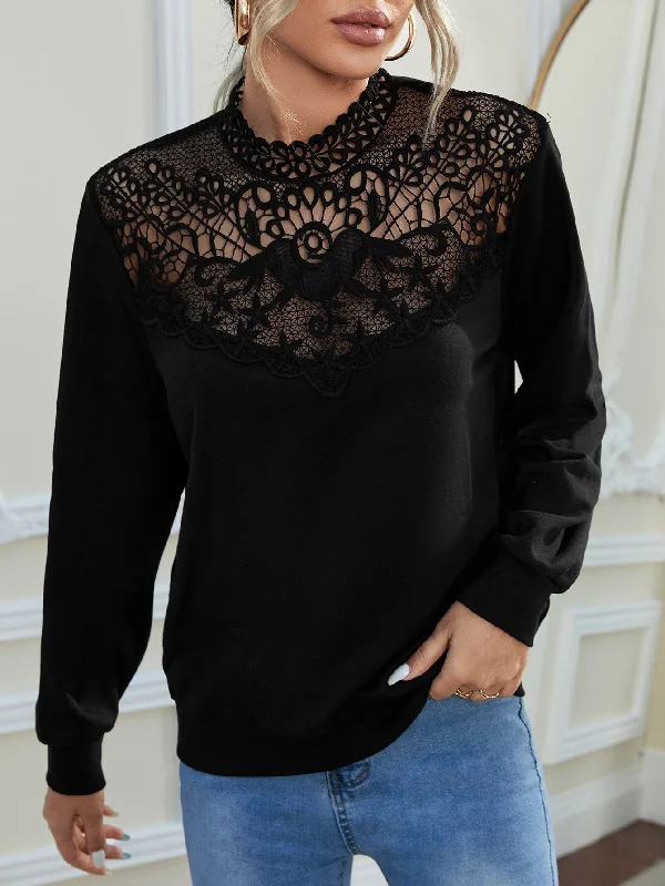 Casual Plain Contrast Lace Long Sleeve Stand Collar Regular Women Sweatshirt Feminine Women's Soft 