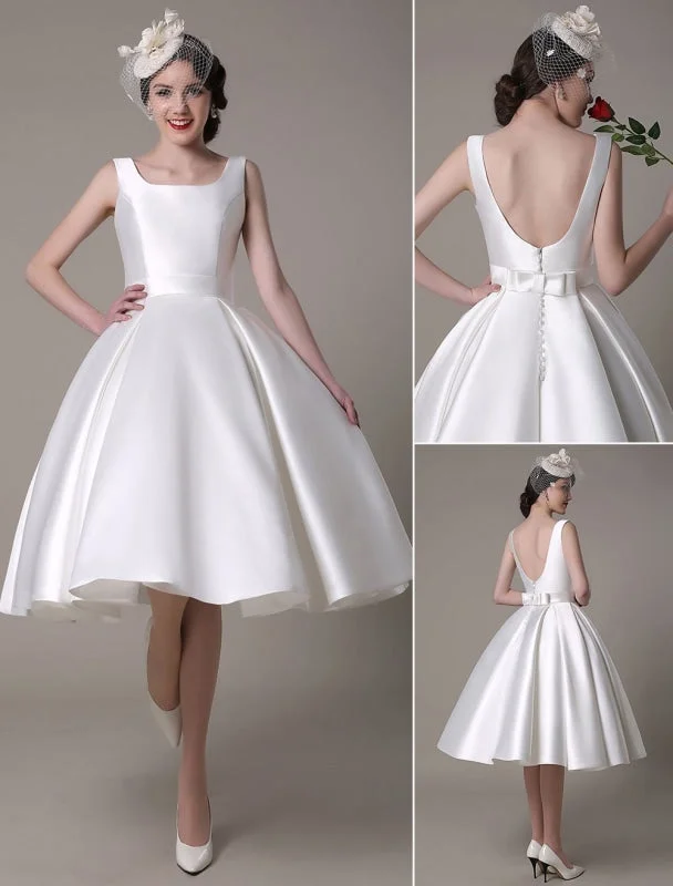 Ivory Wedding Dress Scoop Backless Knee Length Satin Wedding Gown Exclusive Hip Women's Urban
