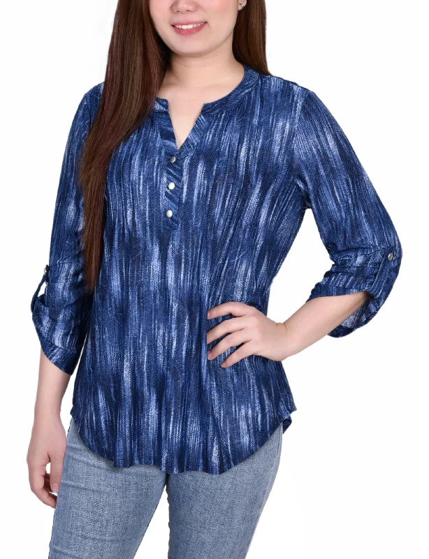3/4 Sleeve Roll Tab Y Neck Pullover Top Youthful Women's Pop