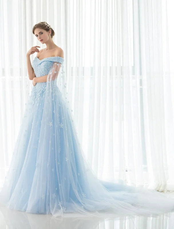Blue Wedding Dress Lace Flower Applique Off-The-Shoulder Tulle Cape Chaple Train A-Line Bridal Gown Youthful Women's Pop