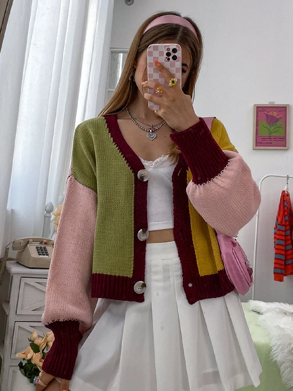 Casual Colorblock Button Front Long Sleeve V Neck Regular Women Cardigan Streetwear Style for 