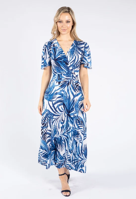 Palm Print V Neckline Dress Sleek Women's Metallic
