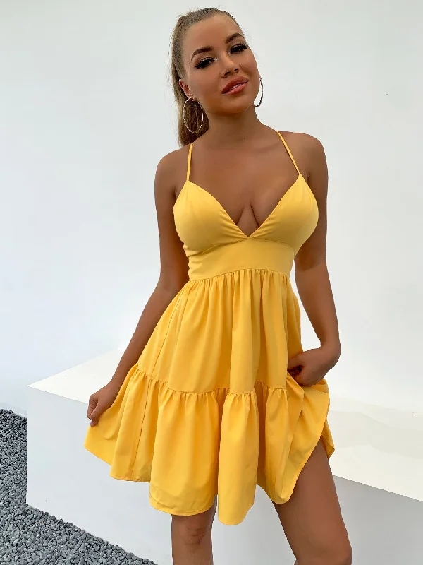 Plain Ruffle Hem Sleeveless Spaghetti Strap Semi-Sheer Flounce High Waist Short Dress Dynamic Women's High - energy