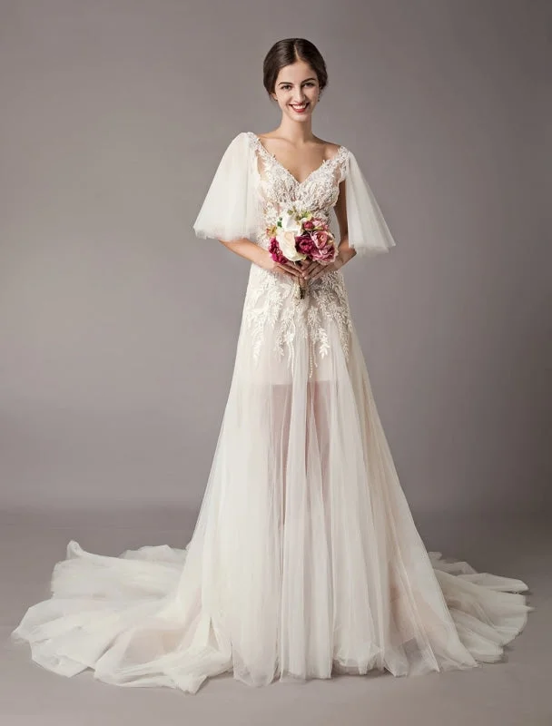 Boho Wedding Dresses Tulle Lace V Neck Butterfly Sleeve Backless Summer Beach Bridal Gowns Traditional Women's 