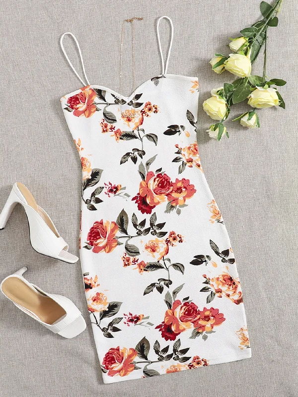 Floral Sleeveless Spaghetti Strap Pencil Natural Short Womens Dress Disco