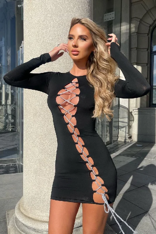 Black Lace Up Detail Long Sleeve Bodycon Mini Dress - Renho Australian Beach