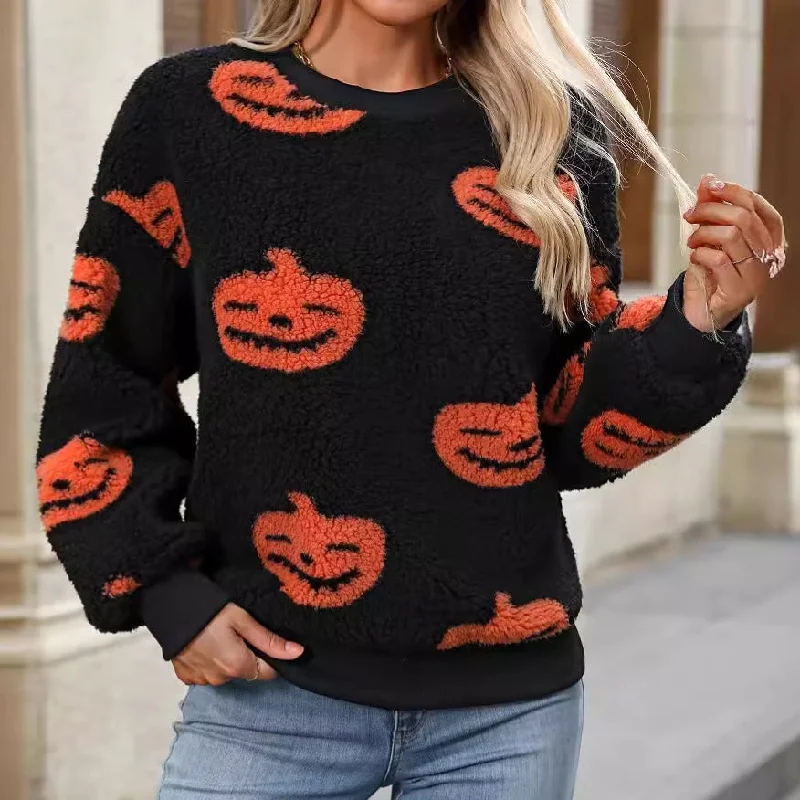 Halloween Printed Plush Loose Pullover Sweatshirts Wholesale Womens Clothing N3824073100103 Sporty Women's Tennis
