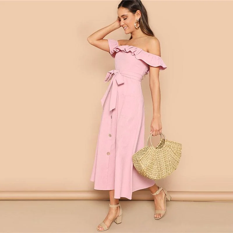 Bohemian Pink Off the Shoulder Midi Dress Geometric