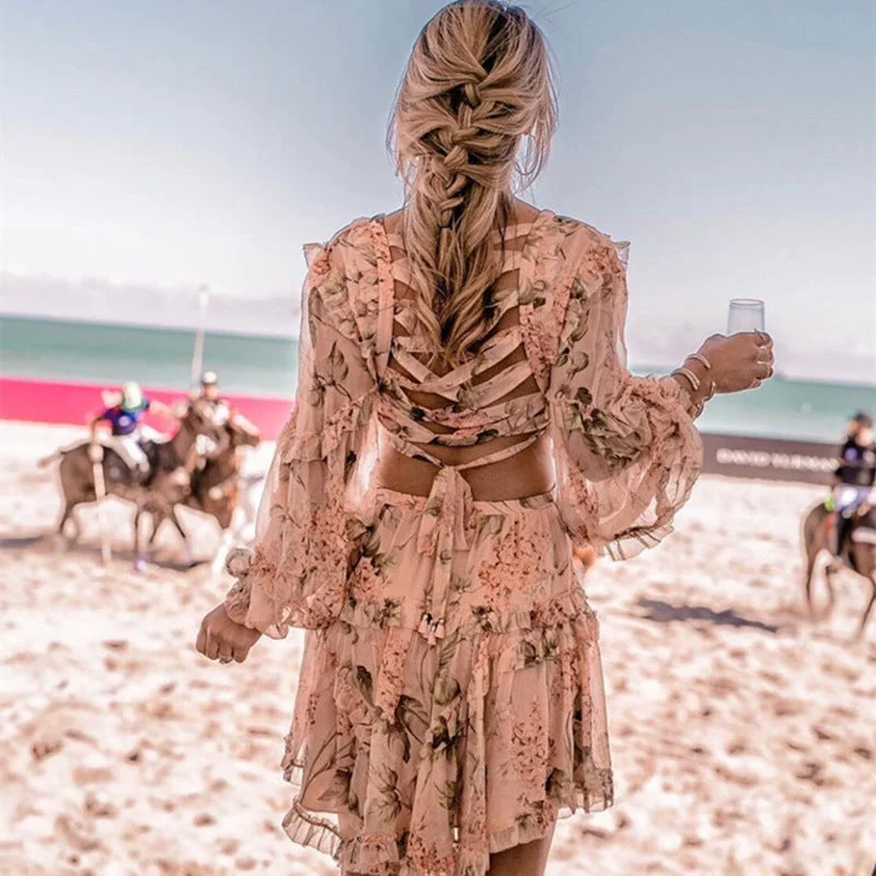 Backless V-Neck Long Sleeve Floral Print Beach Mini Dress British Gentlewoman Style