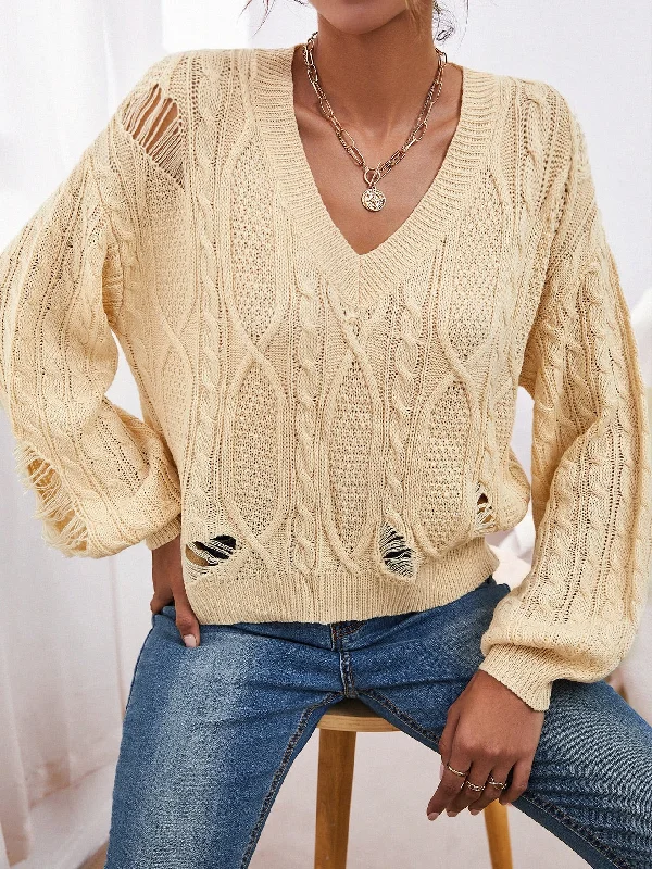 Casual Plain Ripped Long Sleeve V Neck Regular Women Sweater Cashmere
